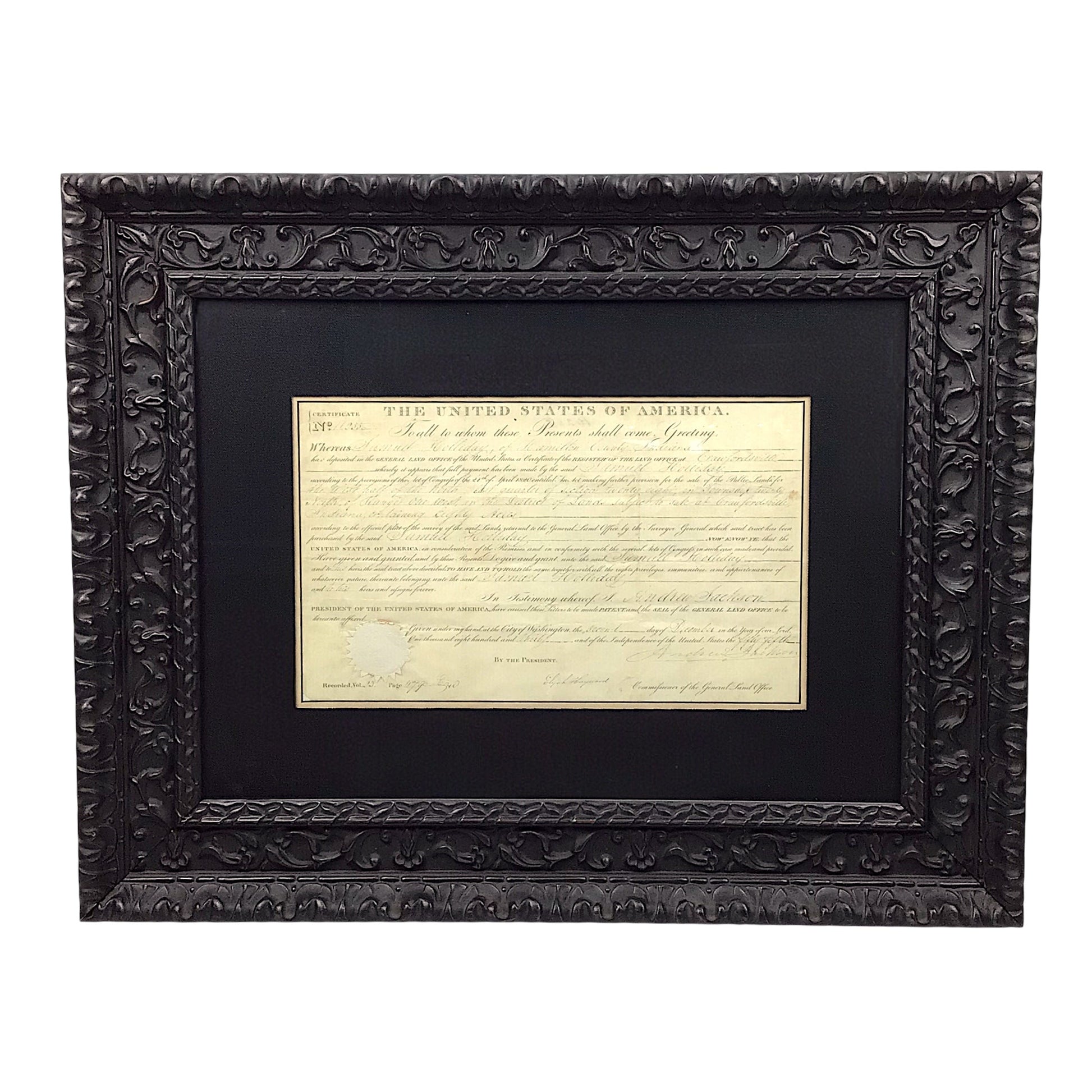 Andrew Jackson Signed and Framed Presidential Land Grant – Dated 1829