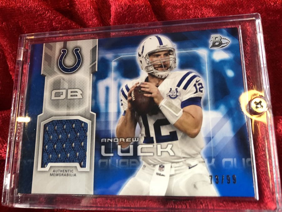 Andrew Luck Colts Signed Football Patch w/ Card & Action Figure COA