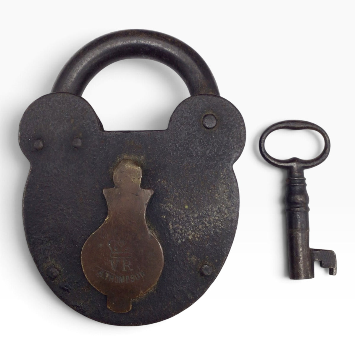 Antique A. Thompson VR Crown Iron Smokehouse Padlock with Barrel Key