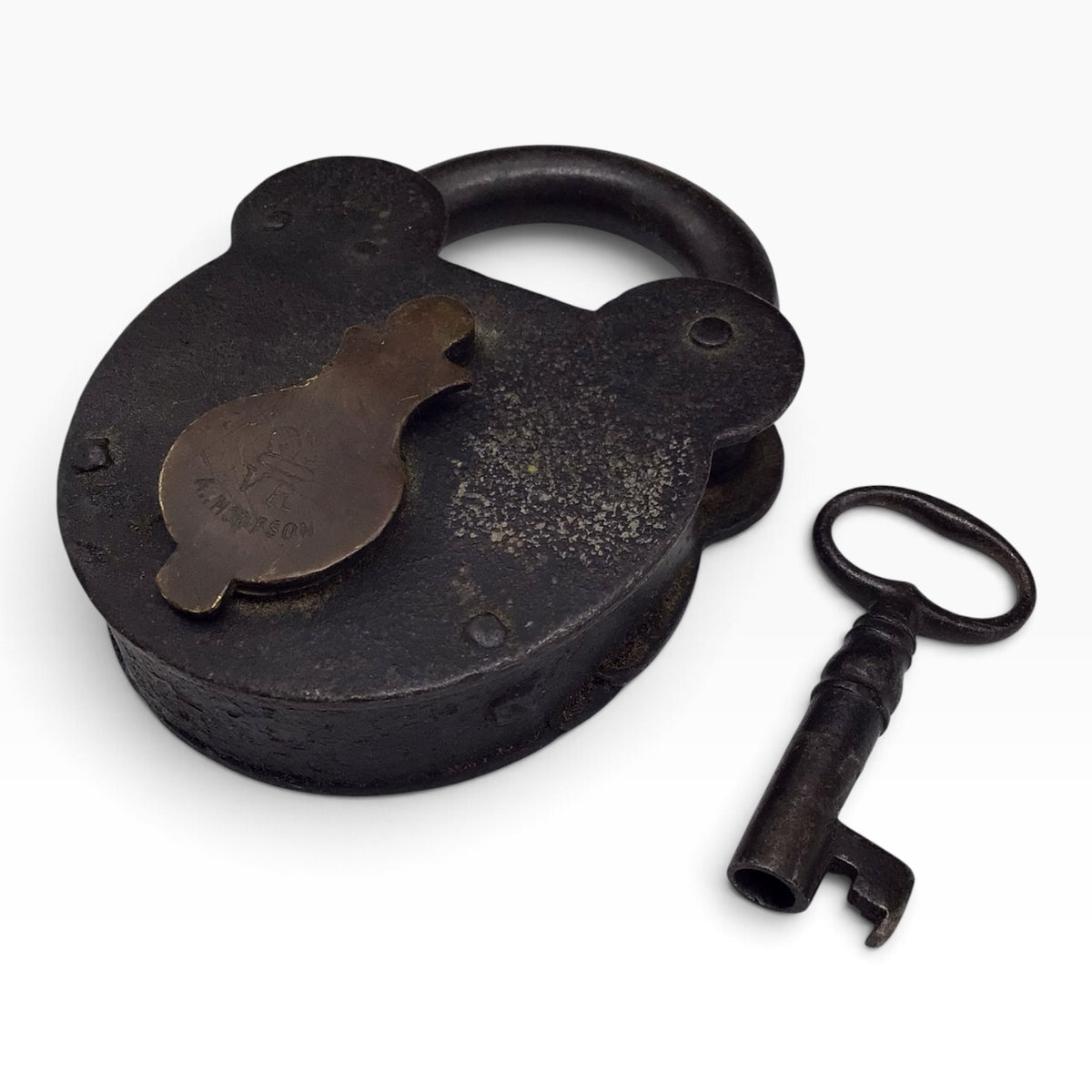 Antique A. Thompson VR Crown Iron Smokehouse Padlock with Barrel Key