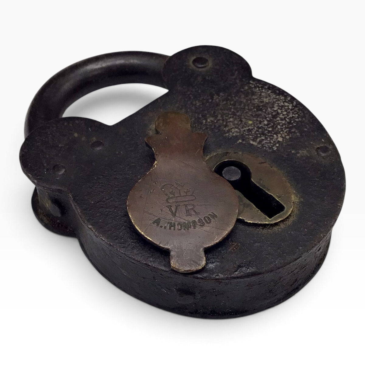 Antique A. Thompson VR Crown Iron Smokehouse Padlock with Barrel Key