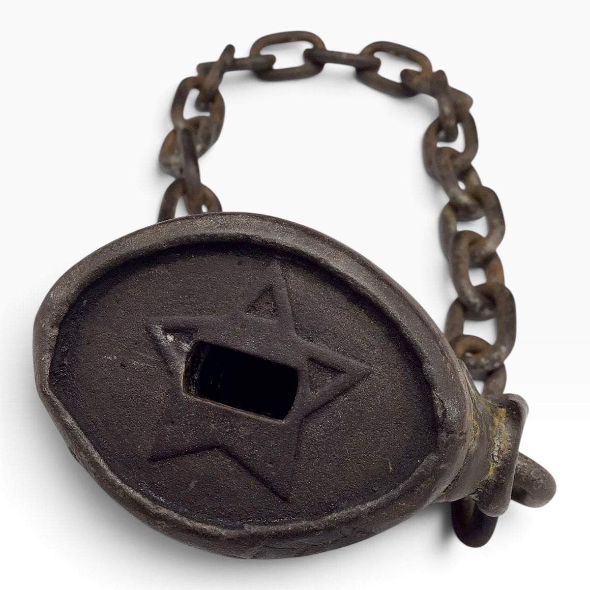 Antique Cast Iron Scandinavian Star Lock Padlock with Key and Attached Chain