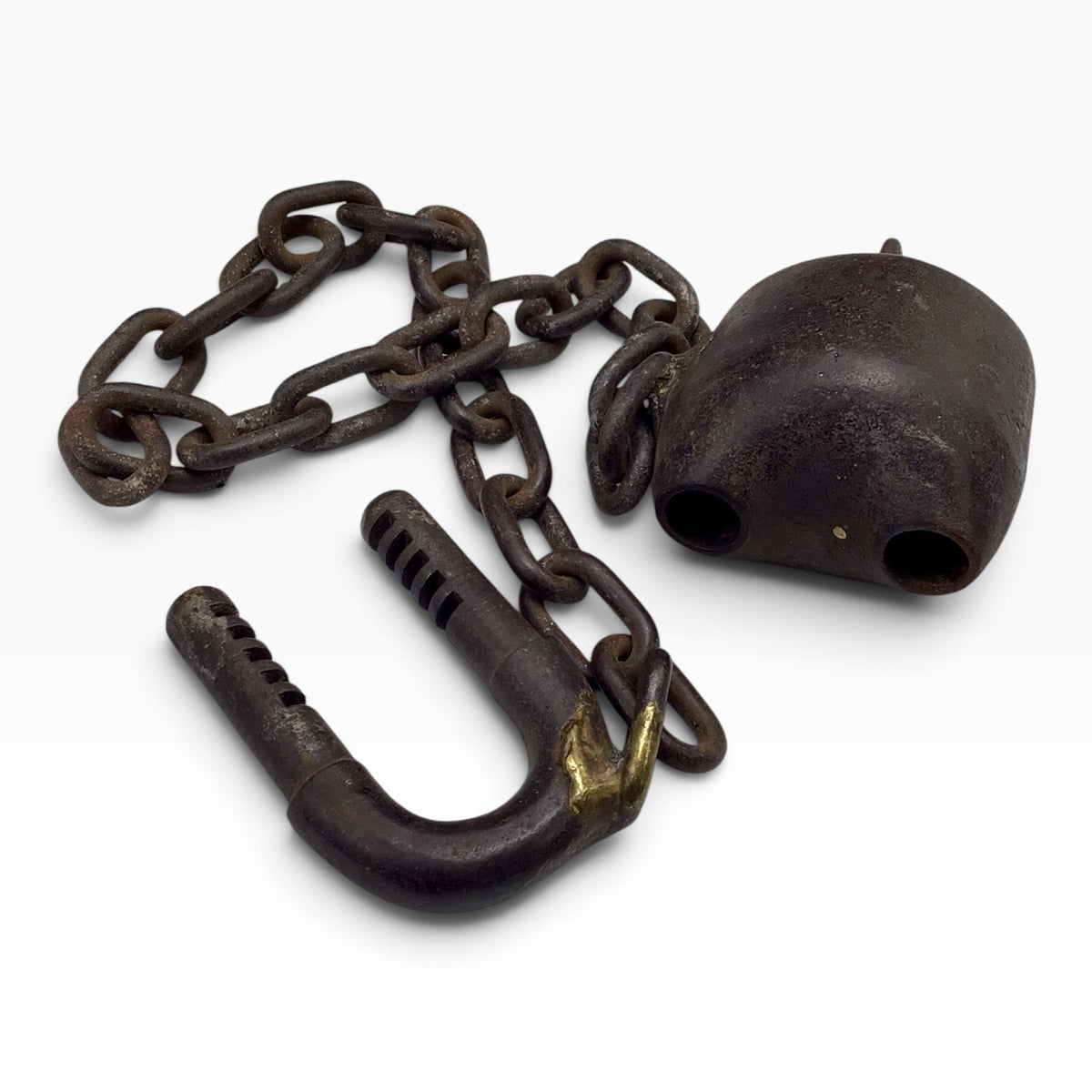 Antique Cast Iron Scandinavian Star Lock Padlock with Key and Attached Chain