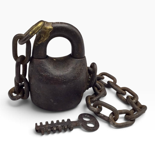 Antique Cast Iron Scandinavian Star Lock Padlock with Key and Attached Chain