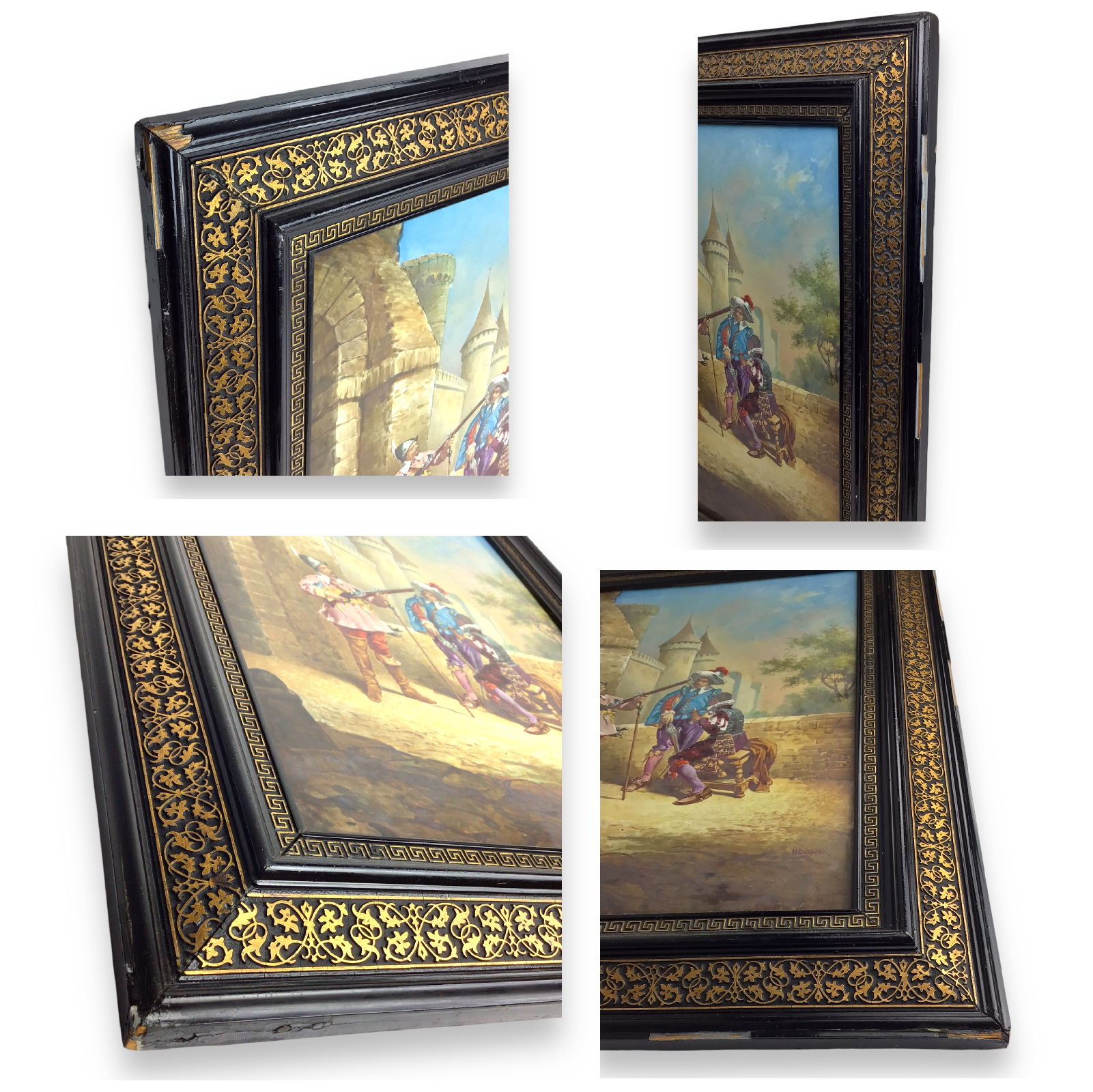 Antique French Porcelain Plaque Painting of Musketeers with Weaponry, 19th C.