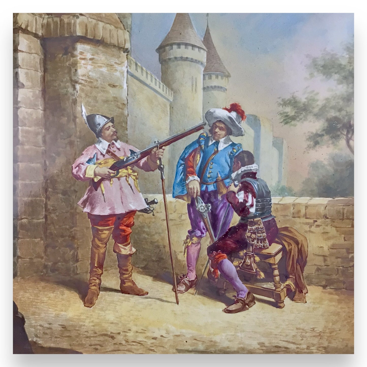 Antique French Porcelain Plaque Painting of Musketeers with Weaponry, 19th C.