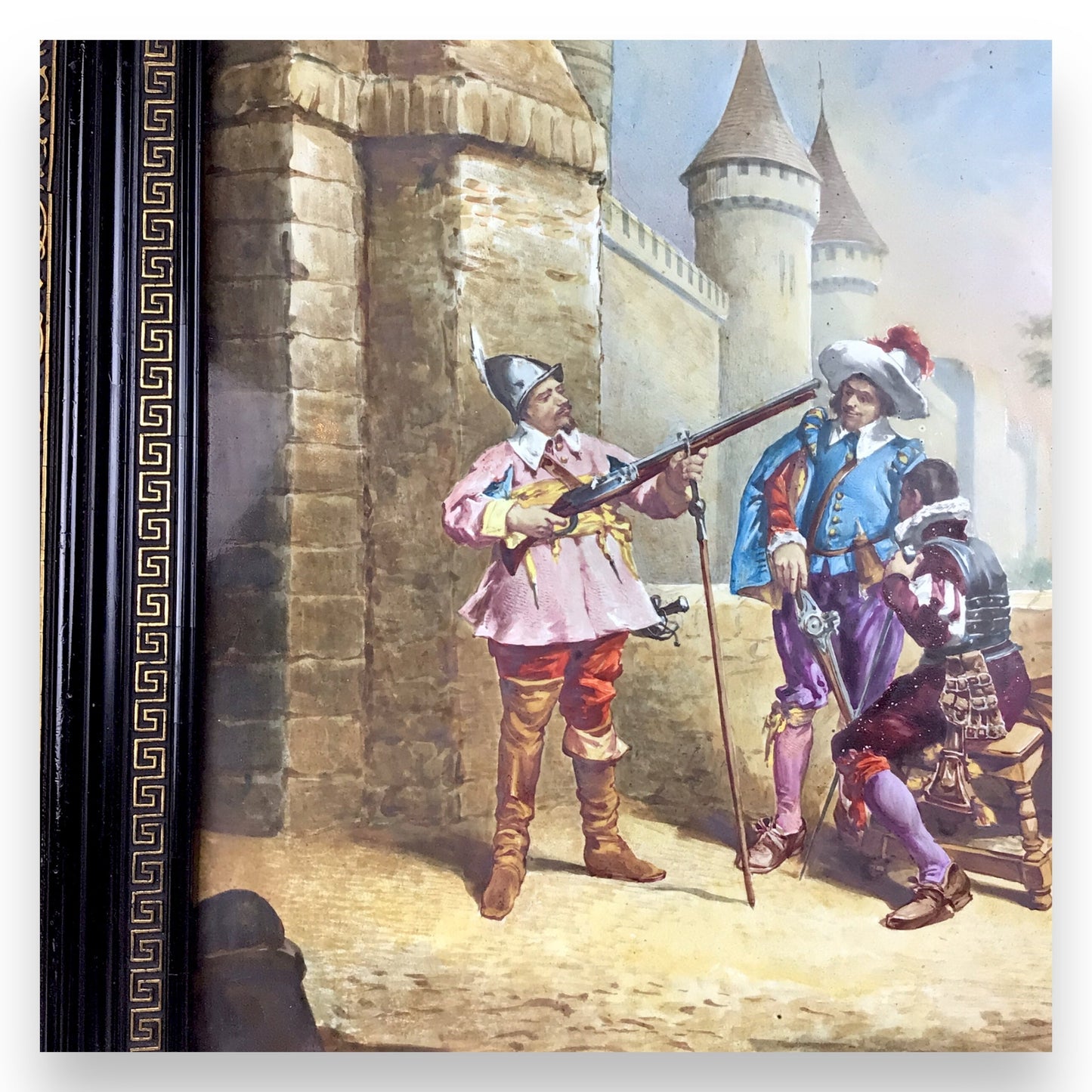 Antique French Porcelain Plaque Painting of Musketeers with Weaponry, 19th C.