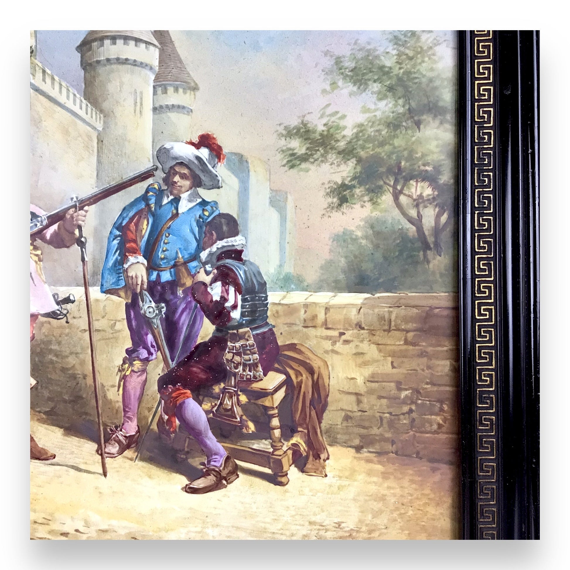 Antique French Porcelain Plaque Painting of Musketeers with Weaponry, 19th C.