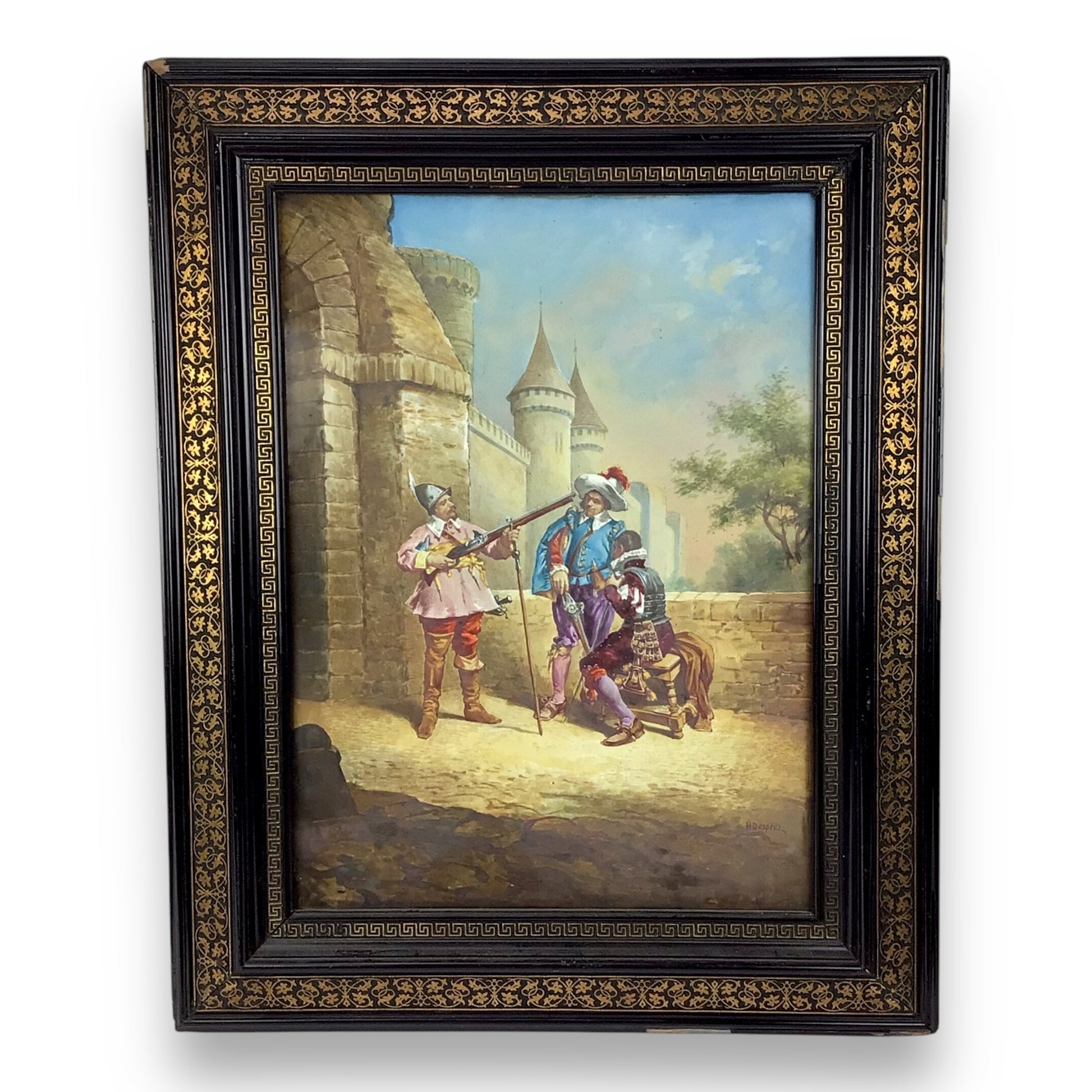 Antique French Porcelain Plaque Painting of Musketeers with Weaponry, 19th C.