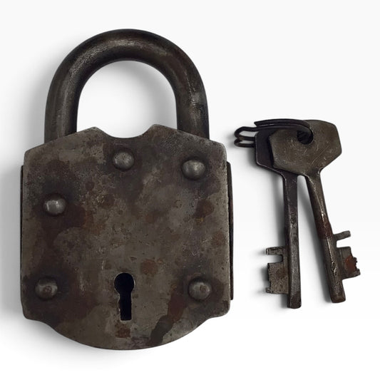 Antique Iron Padlock with Brass Center & 2 Skeleton Keys