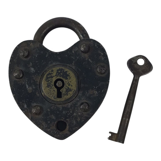 Antique Large Heart Shaped Iron Padlock w/ Key