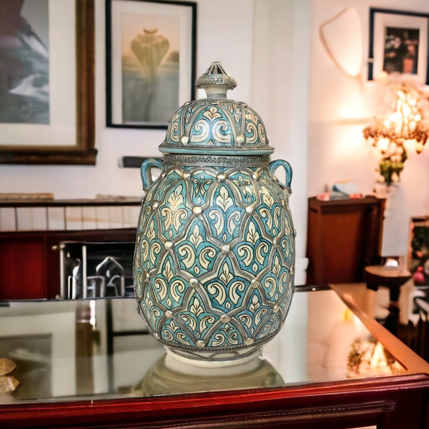 Antique Moroccan Urn with Silver Filigree and Handles