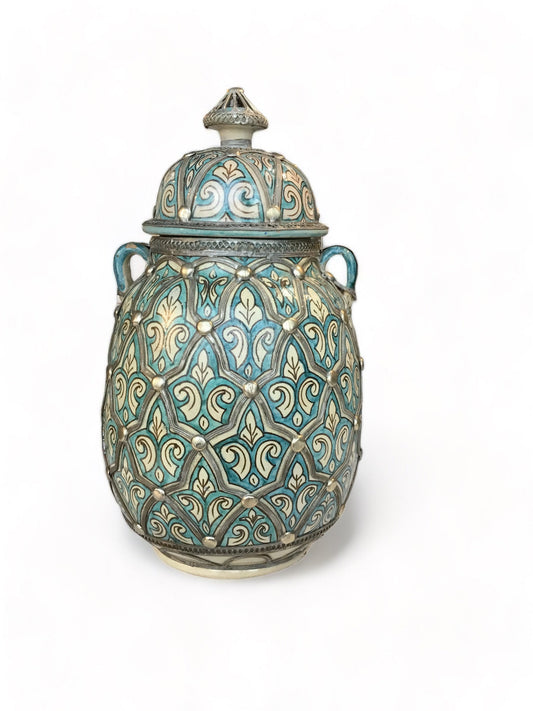 Antique Moroccan Urn with Silver Filigree and Handles