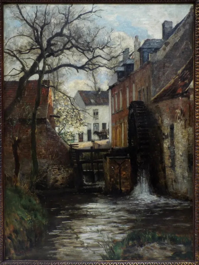 Antique Oil on canvas elaborately framed painting signed by Belgian painter Henri van der Hecht (1841-1901) featuring a village scene with watermill and stream