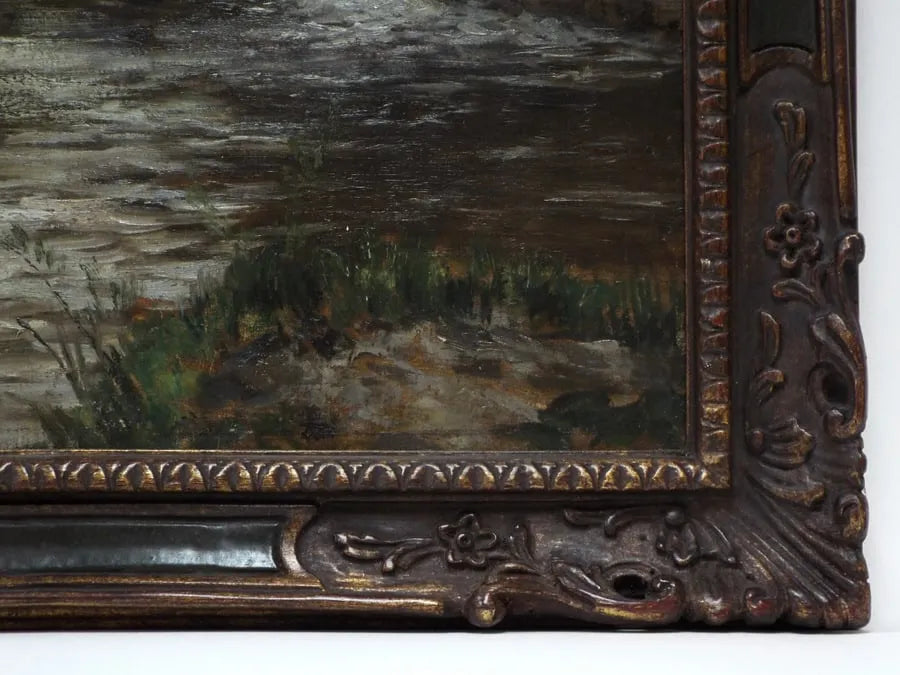 Antique Oil on canvas elaborately framed painting signed by Belgian painter Henri van der Hecht (1841-1901) featuring a village scene with watermill and stream