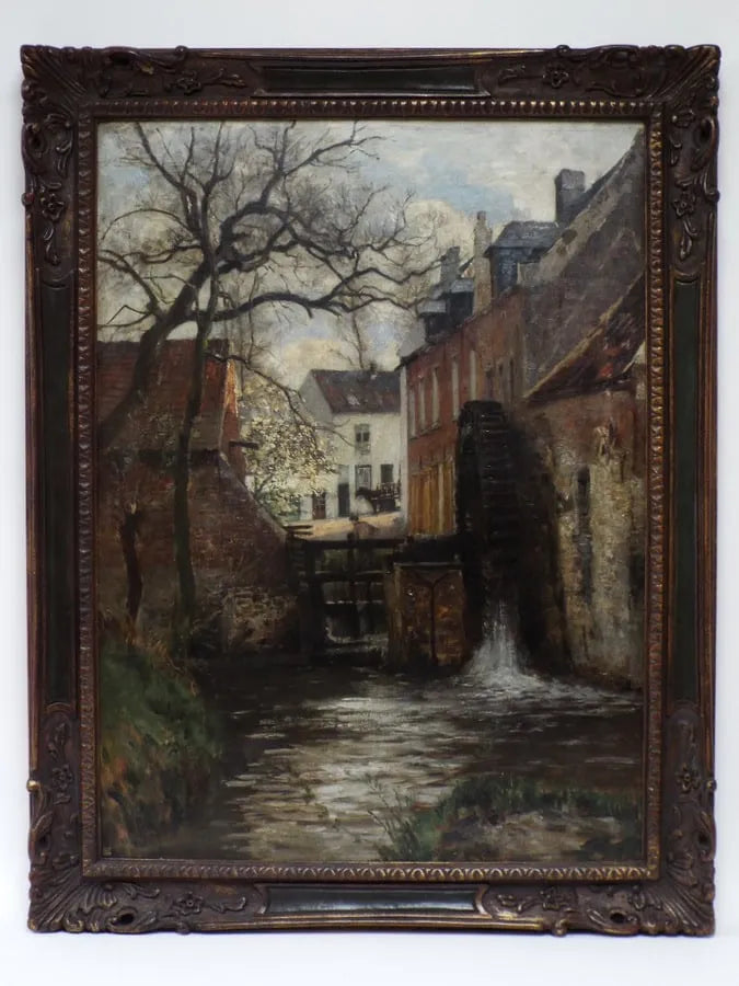 Antique Oil on canvas elaborately framed painting signed by Belgian painter Henri van der Hecht (1841-1901) featuring a village scene with watermill and stream