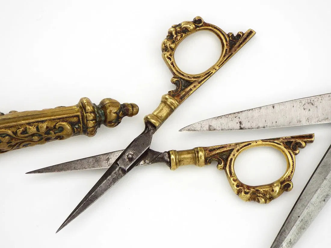 Antique Steel Scissors in Carved Brass Mounts