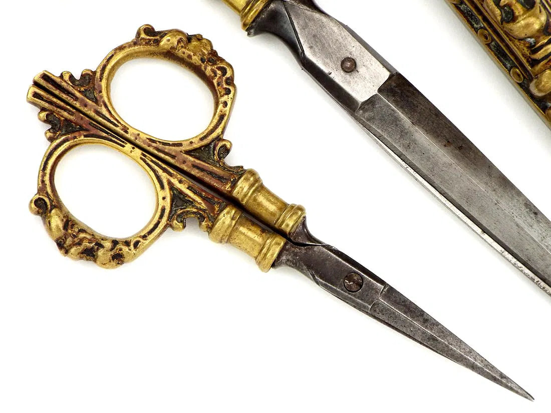 Antique Steel Scissors in Carved Brass Mounts
