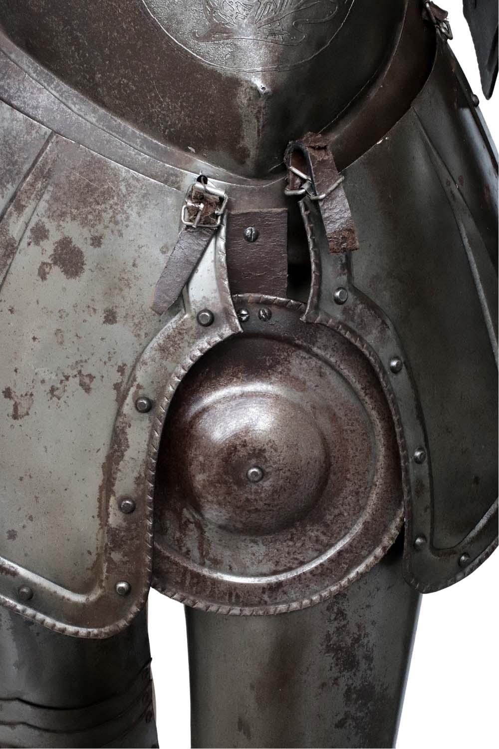 Attractive Victorian Era Suit of Armor in the style of 16-17th Century Italian or French Knight with Beautiful Large Etched Crowned Crest to Cuirass