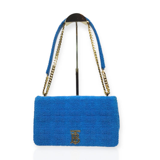 Authentic Burberry Lola Handbag - Blue Terry Cloth and Leather with Gold-Tone Hardware