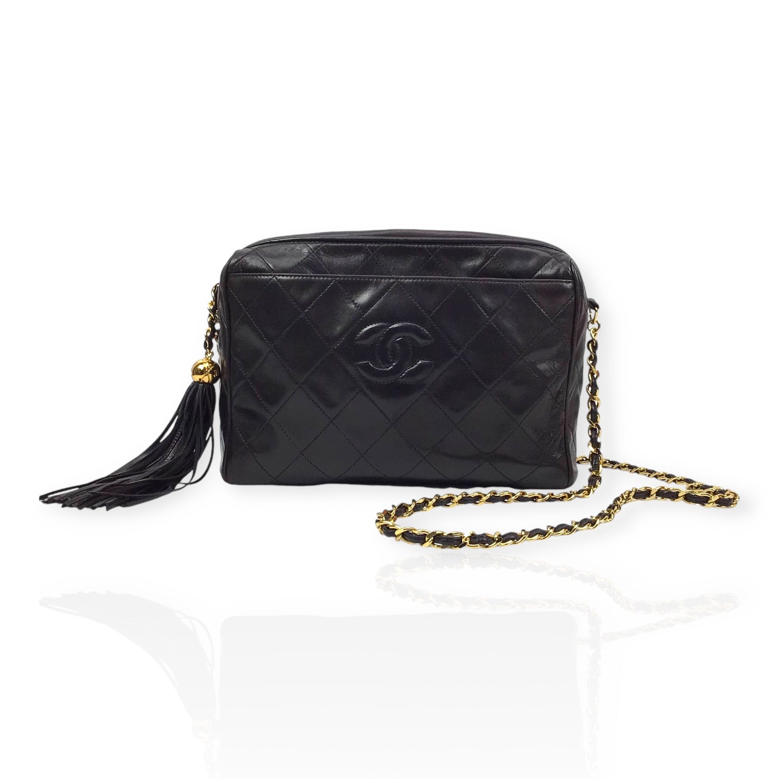 Authentic Chanel Black Lambskin Camera Bag - Iconic CC Logo with Tassel Detail