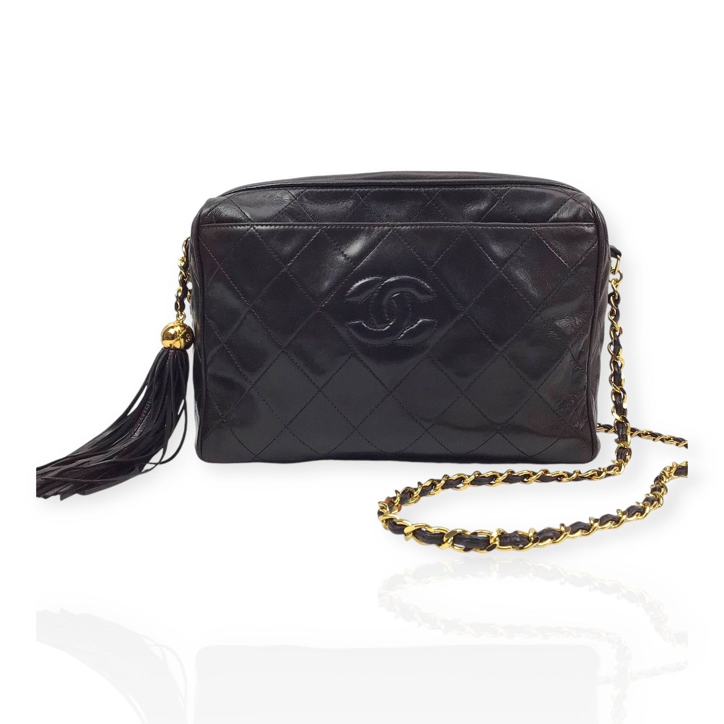 Authentic Chanel Black Lambskin Camera Bag - Iconic CC Logo with Tassel Detail