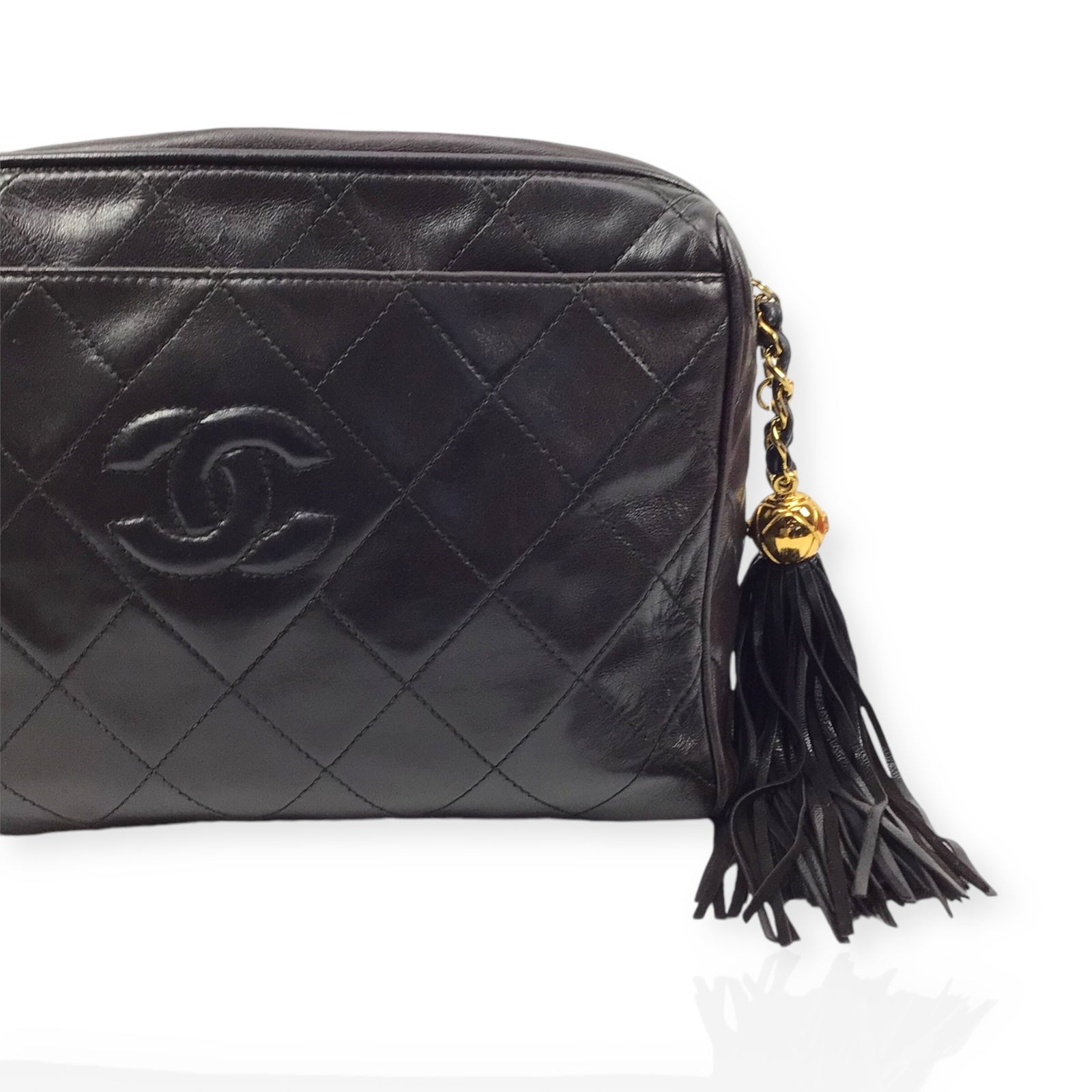 Authentic Chanel Black Lambskin Camera Bag - Iconic CC Logo with Tassel Detail