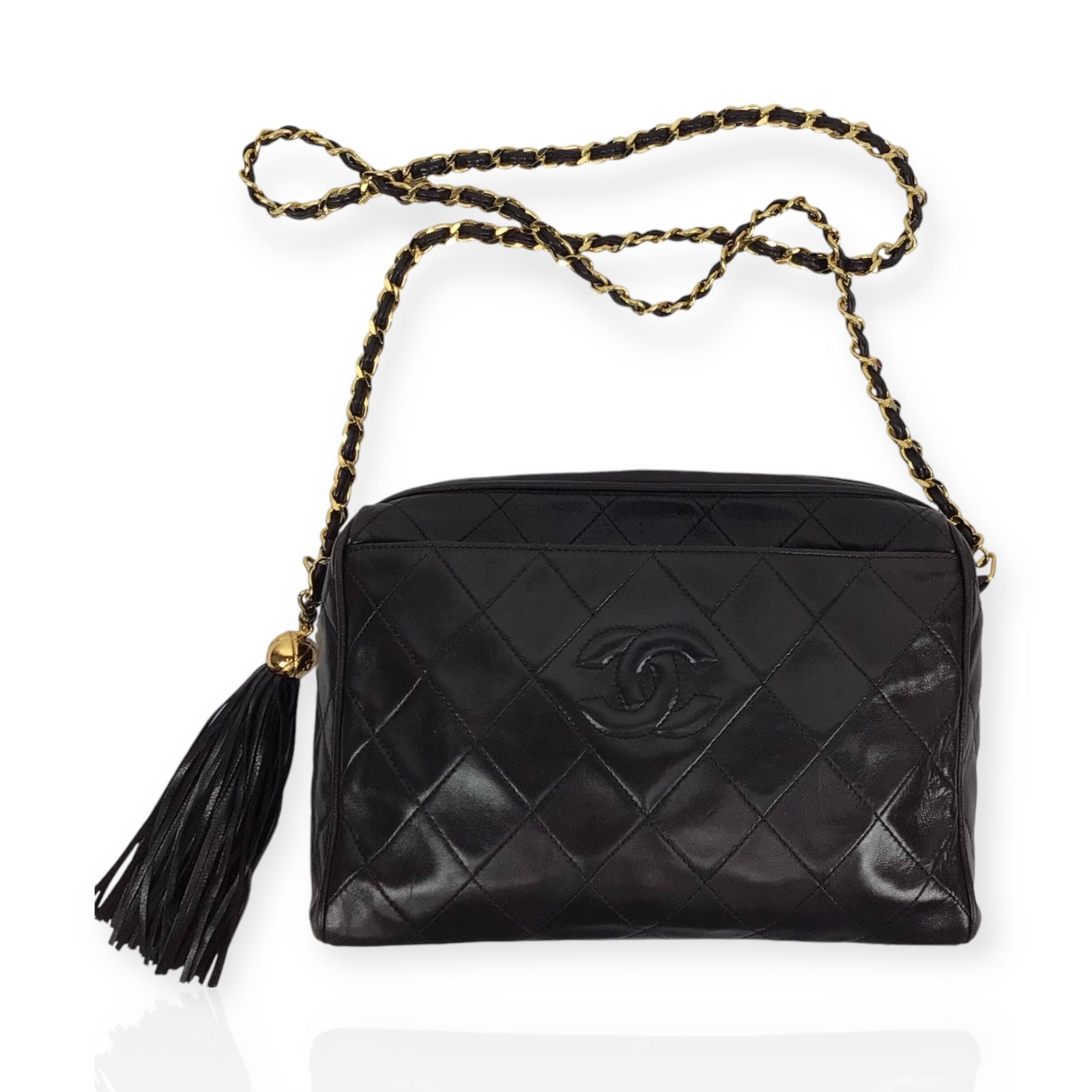 Authentic Chanel Black Lambskin Camera Bag - Iconic CC Logo with Tassel Detail