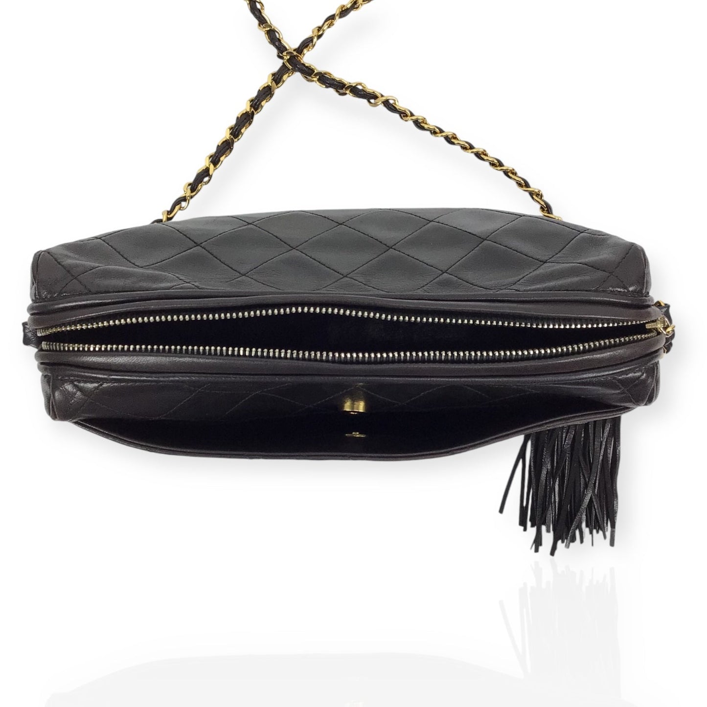 Authentic Chanel Black Lambskin Camera Bag - Iconic CC Logo with Tassel Detail