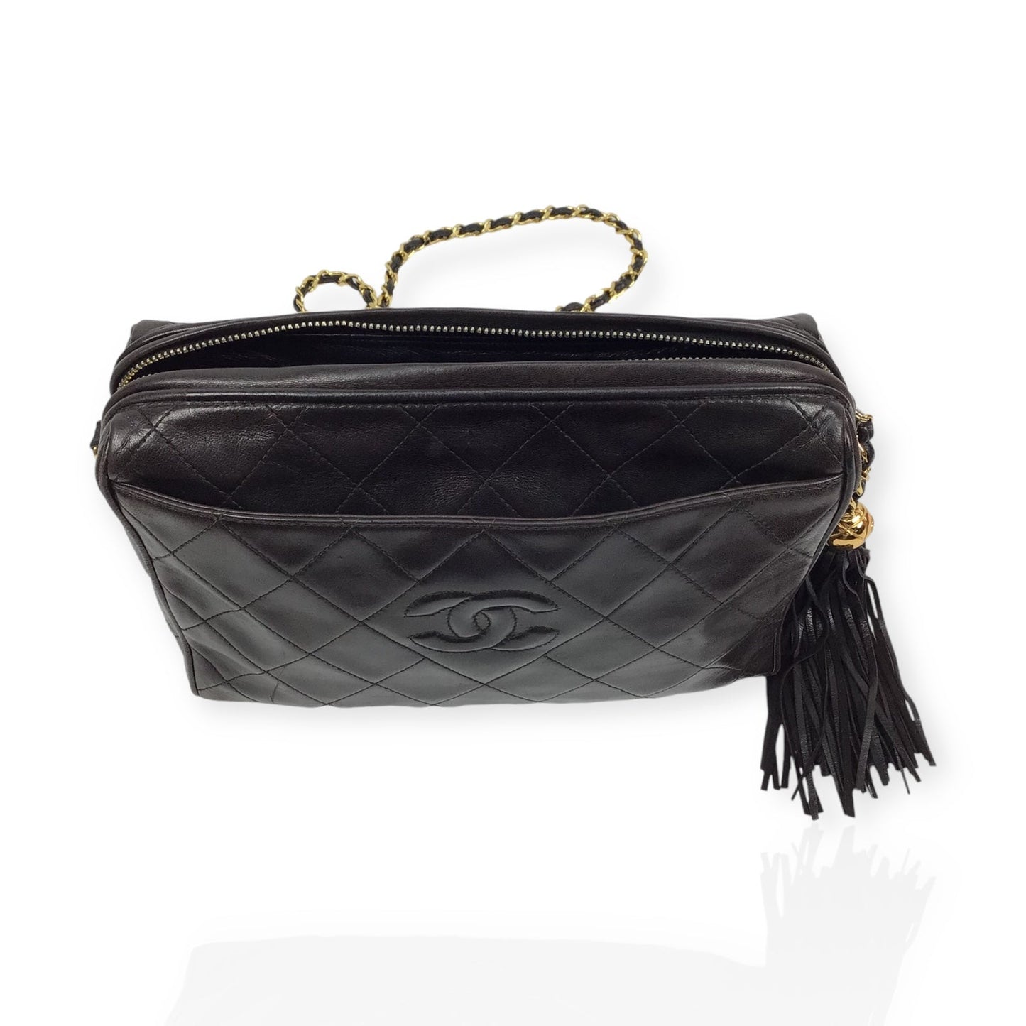 Authentic Chanel Black Lambskin Camera Bag - Iconic CC Logo with Tassel Detail