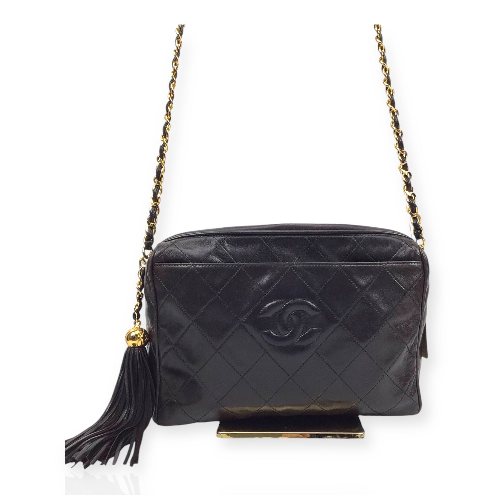 Authentic Chanel Black Lambskin Camera Bag - Iconic CC Logo with Tassel Detail