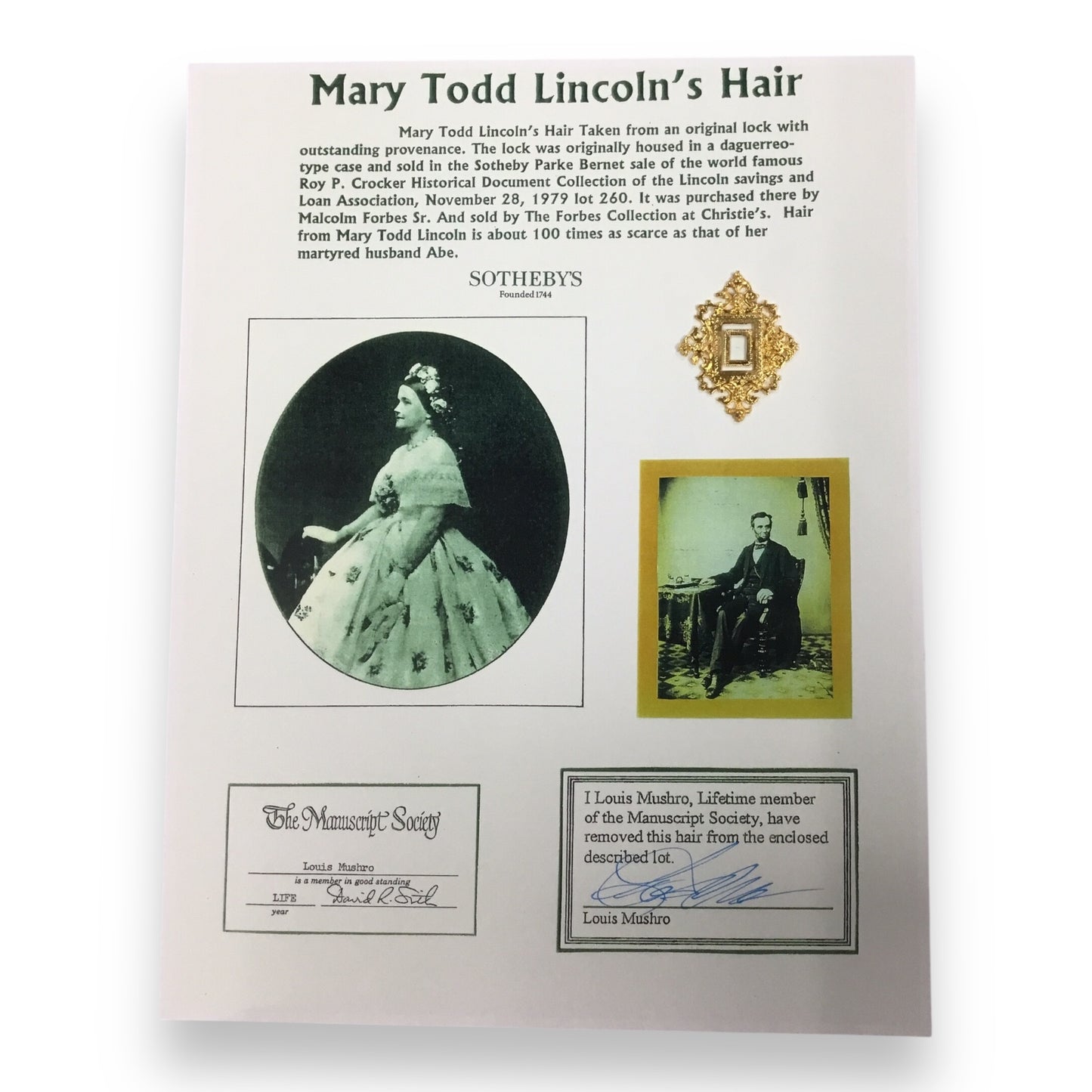 Mary Todd Lincoln Hair Clipping with COA