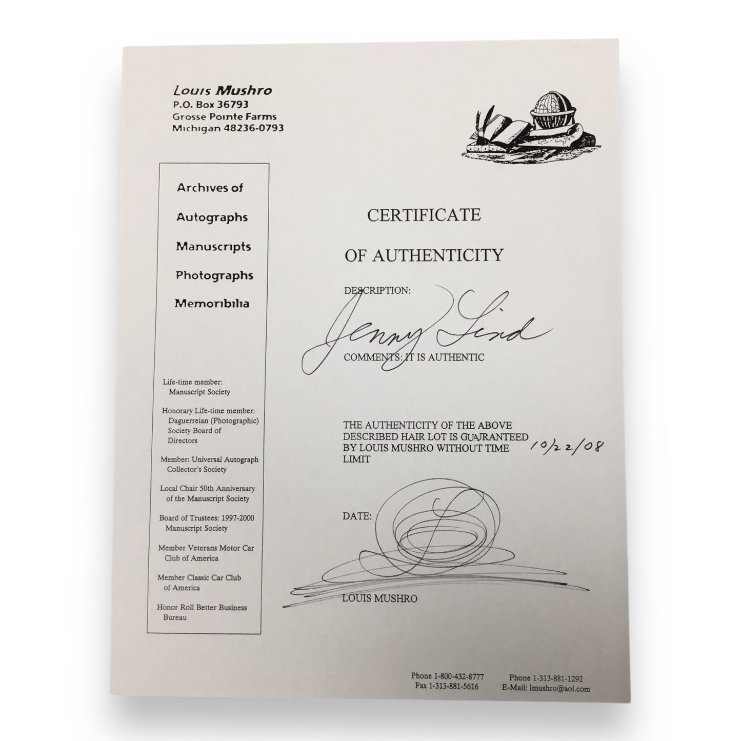 Jenny Lind, the Swedish Nightengale, Hair Clipping with COA