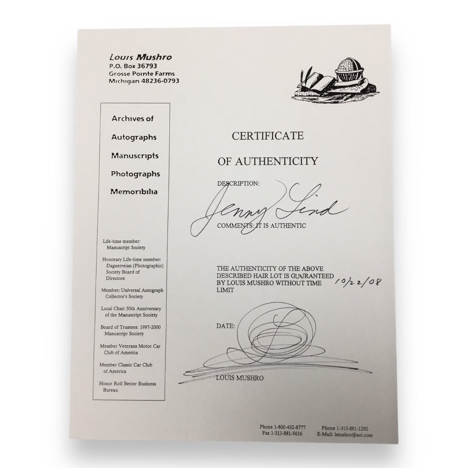 Jenny Lind, the Swedish Nightengale, Hair Clipping with COA