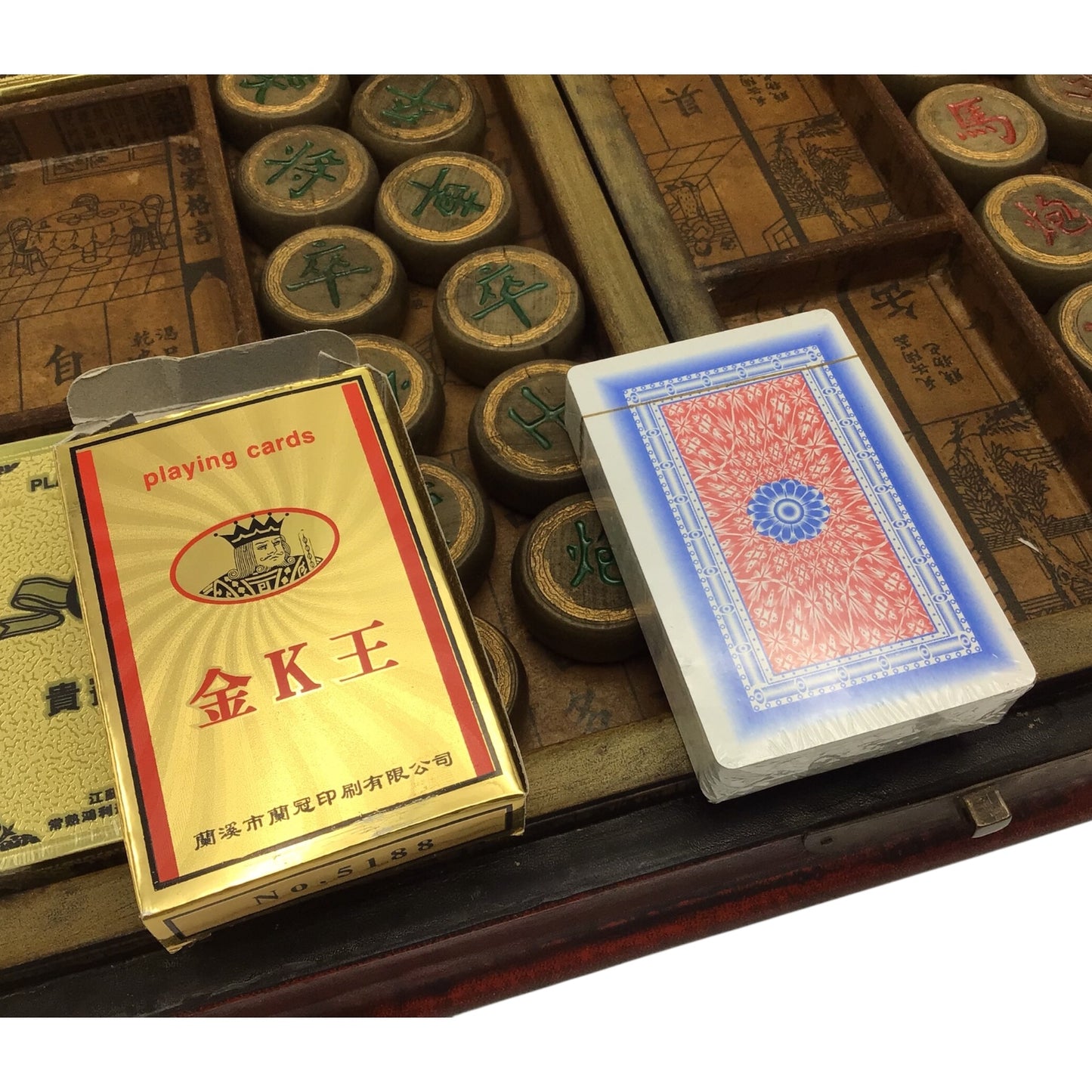 Vintage Chinese Chess Set with Hand-Carved Pieces & Sealed Playing Cards in Wooden Storage Box