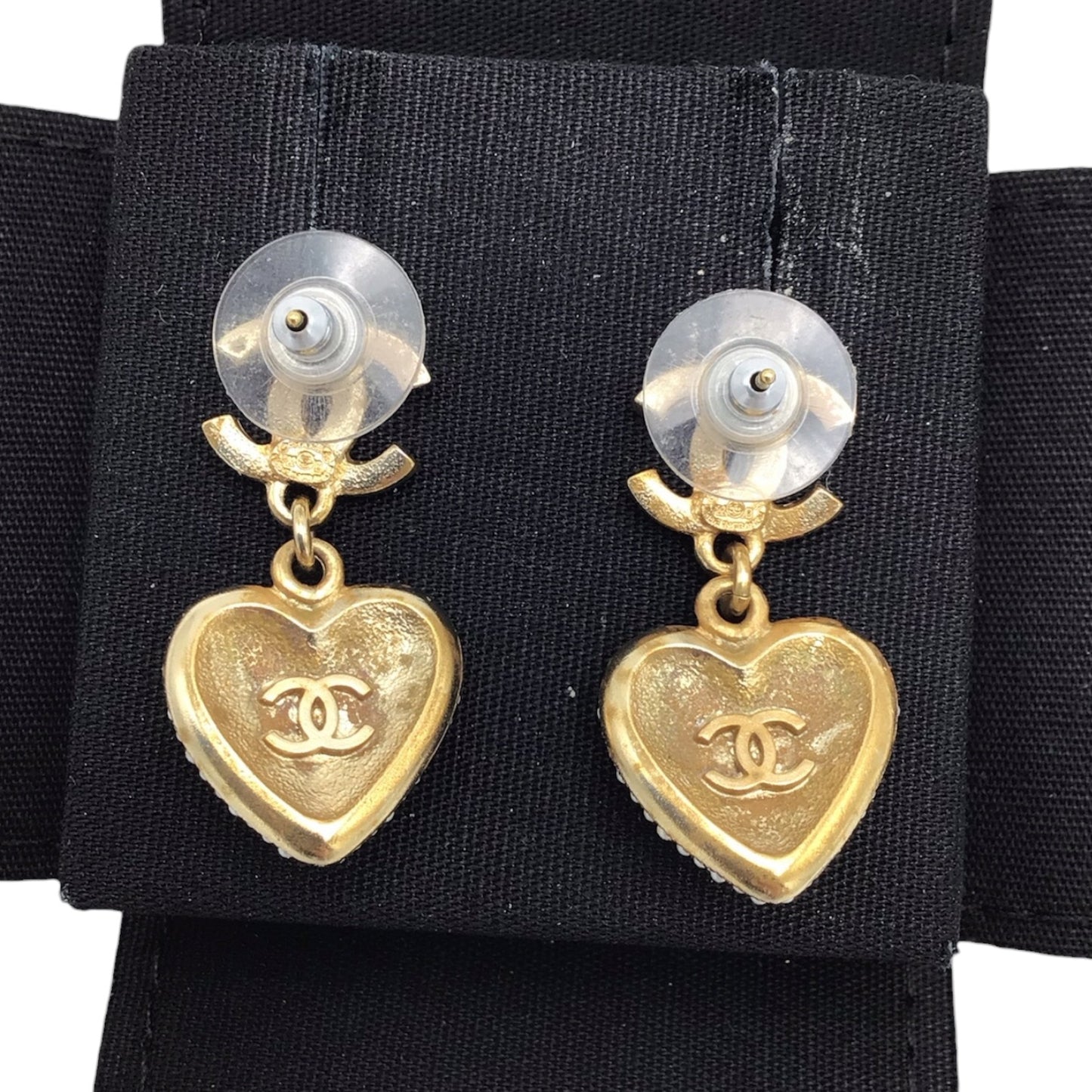 Chanel Crystal Heart Dangle CC Earrings w/ Box - Faux Pearl Light Gold