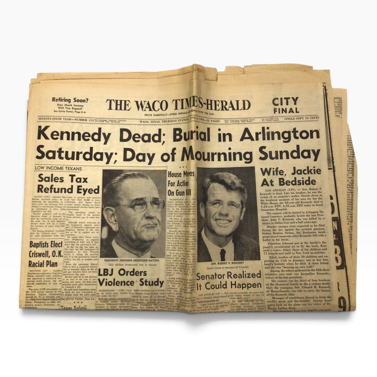 The Waco Times-Herald June 6, 1968 – Senator Robert Kennedy Dead – Burial in Arlington Saturday – Original Newspaper