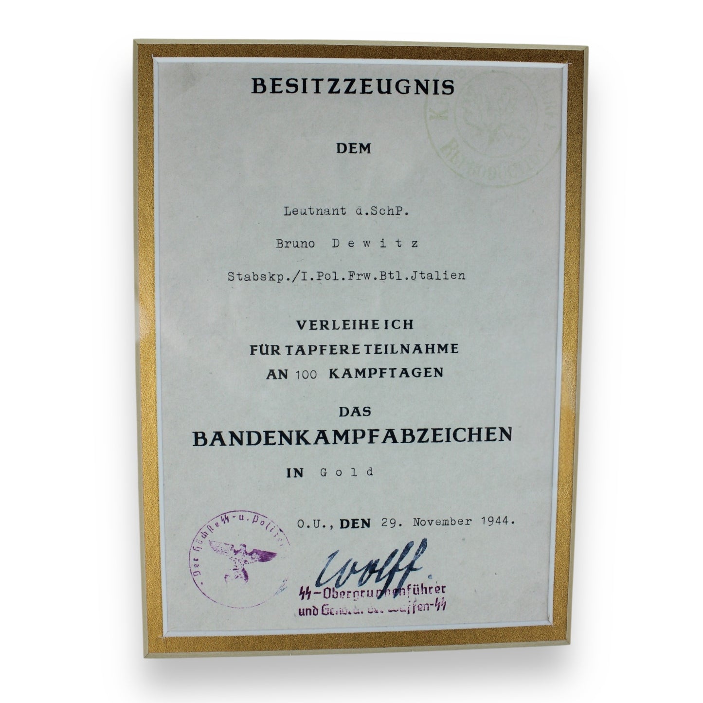 Bandit Warfare Badge Gold w/ Award Certificate Professionally Framed