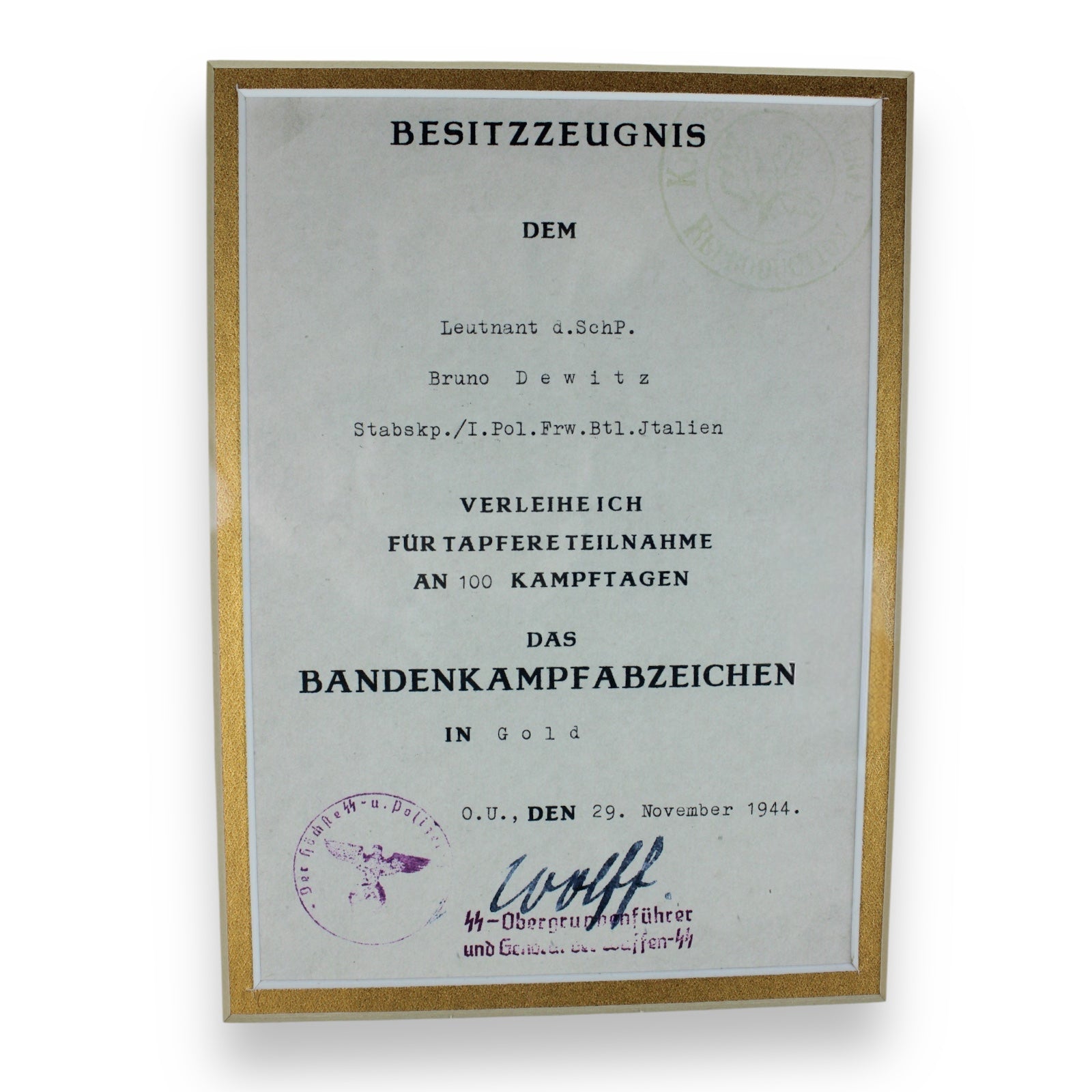 Bandit Warfare Badge Gold w/ Award Certificate Professionally Framed