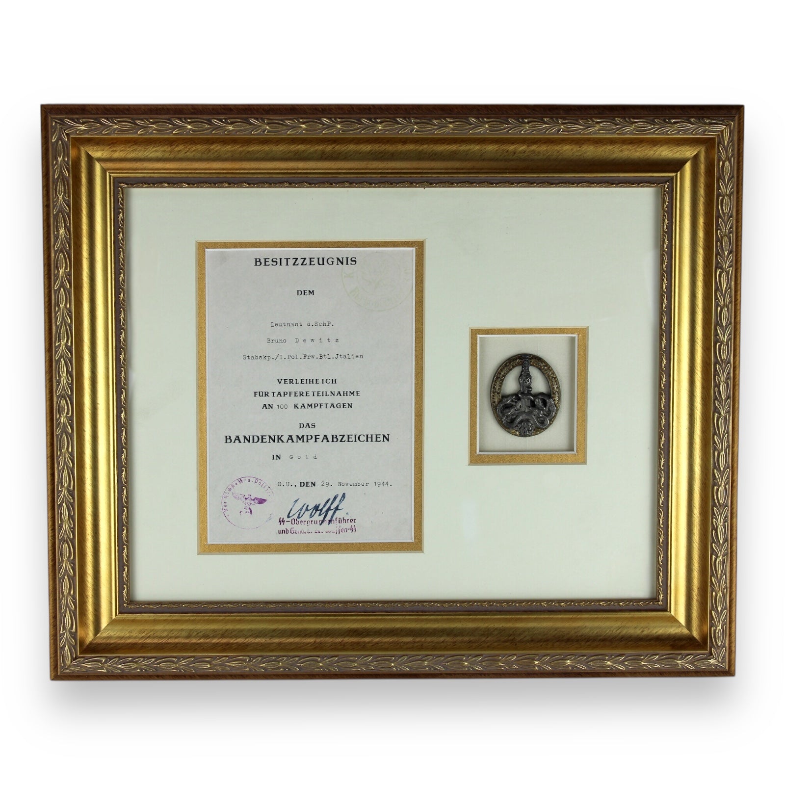 Bandit Warfare Badge Gold w/ Award Certificate Professionally Framed