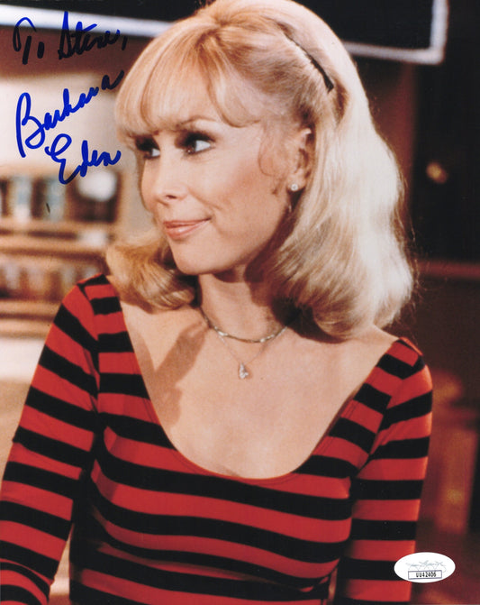 Barbara Eden Signed Photo 8x10 Personalized "To Steve", Barbara Eden Autograph of I Dream of Jeannie in Black and Red Striped Shirt, Rare Photo, JSA and PSA Letter Double Certified Authentic UU42406