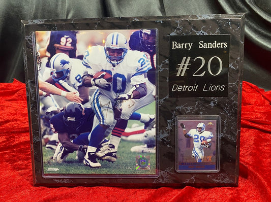 Barry Sanders Autographed 8x10 Photo Plaque w/ Football Card Detroit Lions