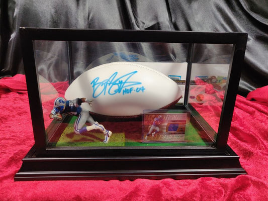 Barry Sanders Autographed Football Shadowbox HOF 04 Lions w/ Card & Figure