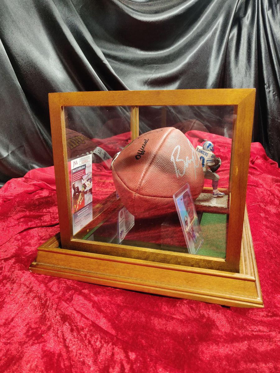 Barry Sanders Lions Autographed Game Ball in Shadowbox with Card and Figure