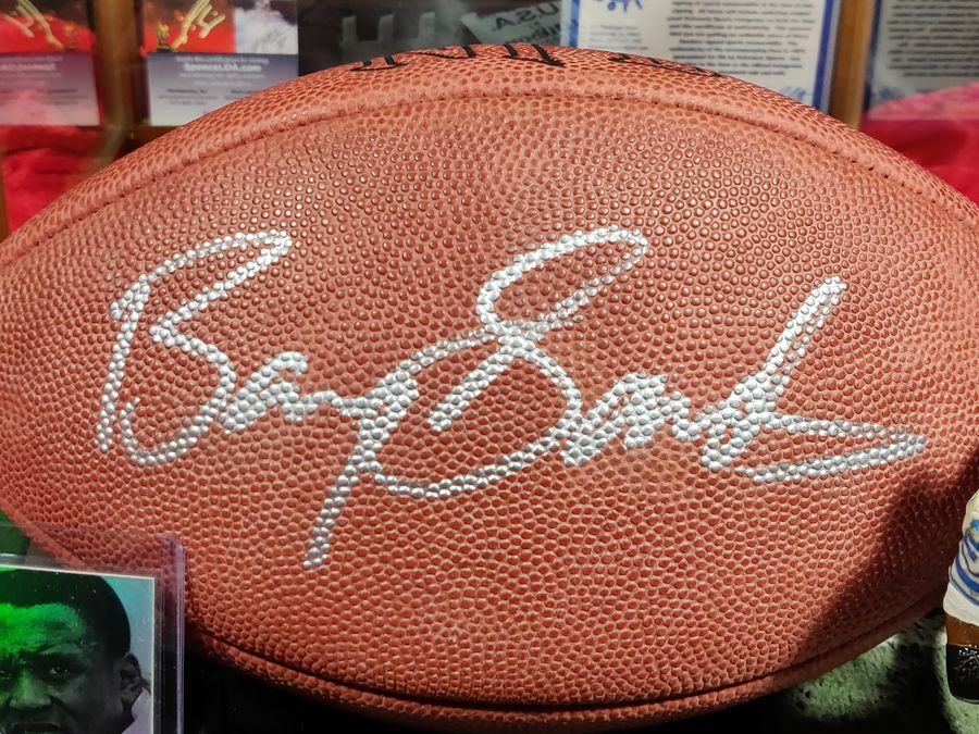 Barry Sanders Lions Autographed Game Ball in Shadowbox with Card and Figure