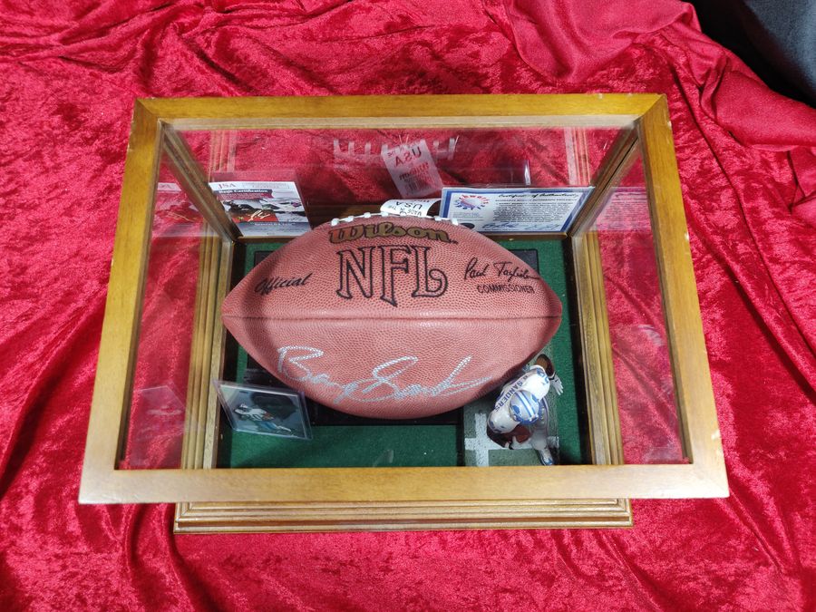 Barry Sanders Lions Autographed Game Ball in Shadowbox with Card and Figure