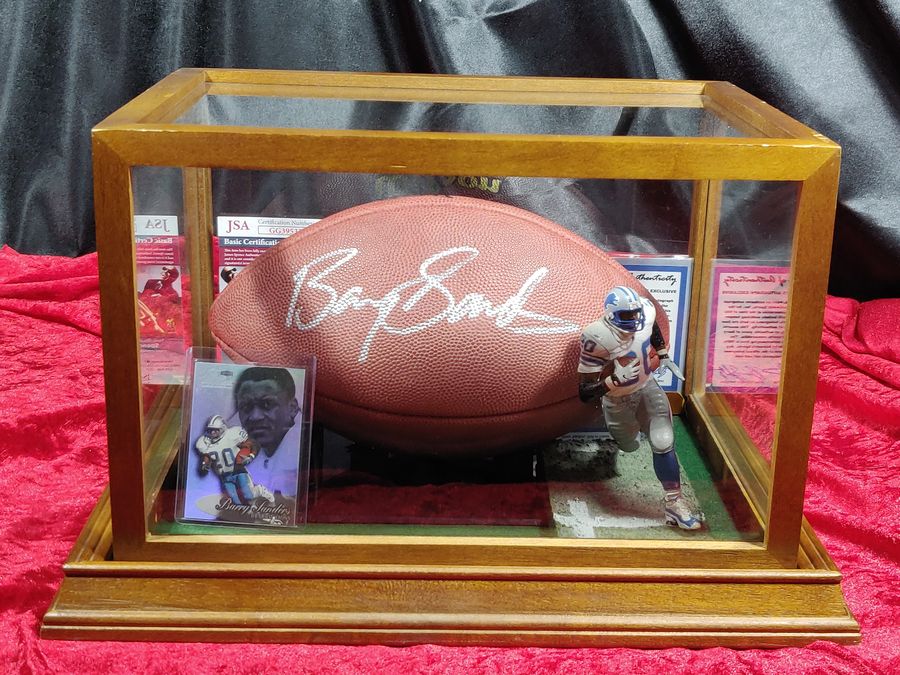 Barry Sanders Lions Autographed Game Ball in Shadowbox with Card and Figure