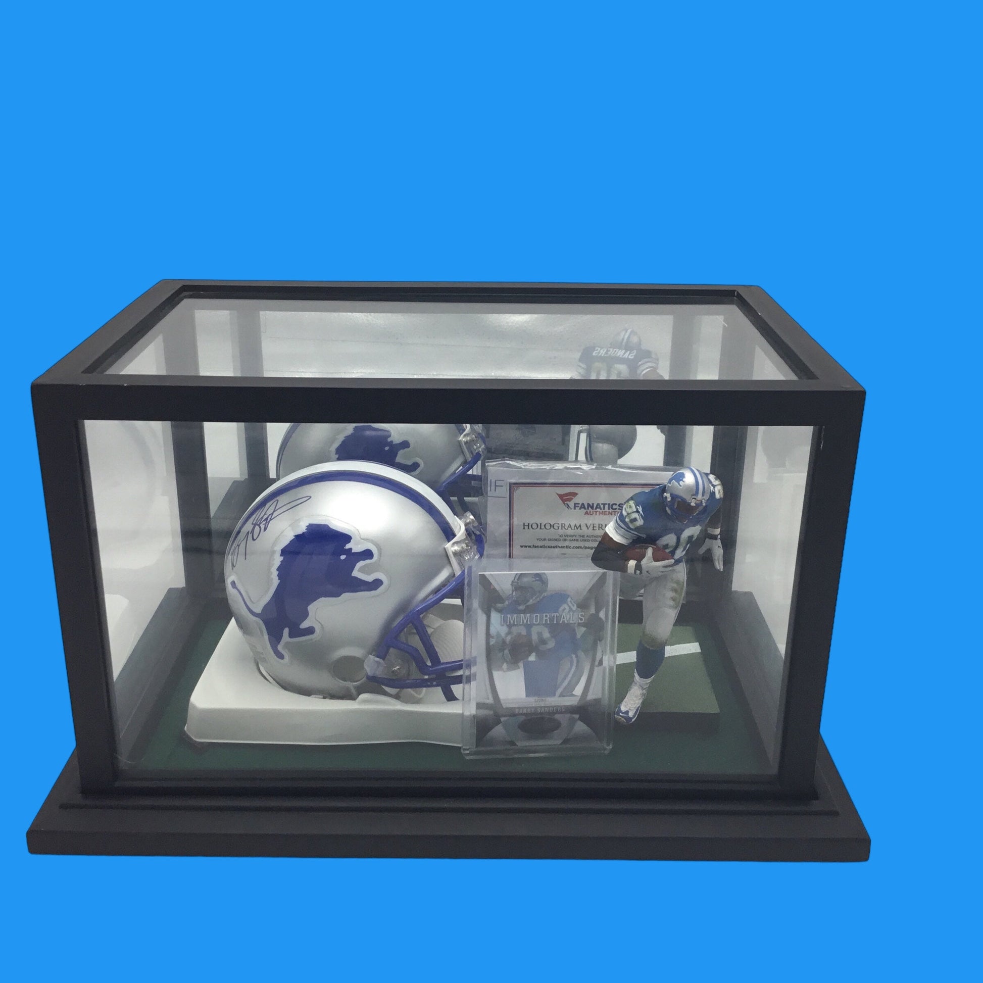 Barry Sanders Lions Autographed Mini Helmet Shadowbox w/ Game Worn Jersey Card #/250 and Figure