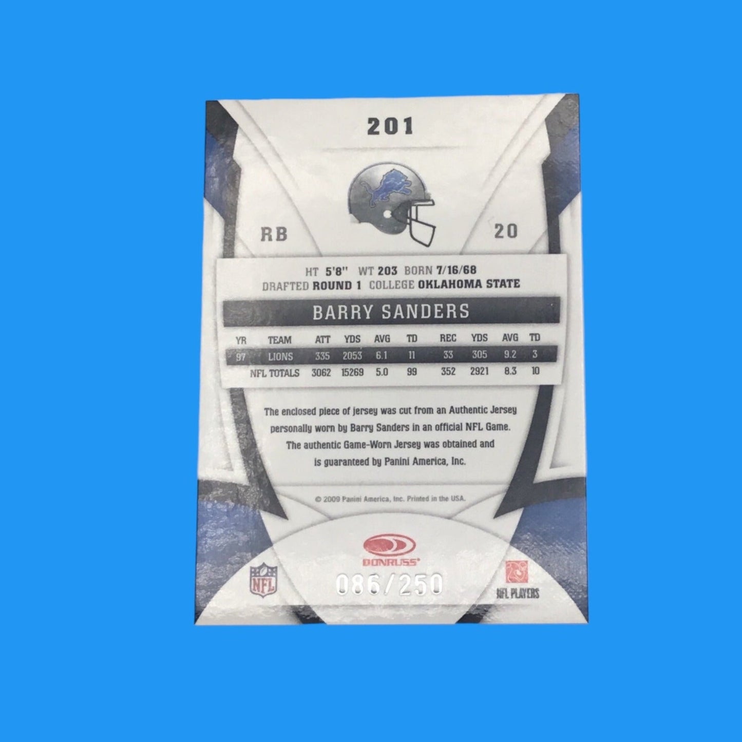 Barry Sanders Lions Autographed Mini Helmet Shadowbox w/ Game Worn Jersey Card #/250 and Figure