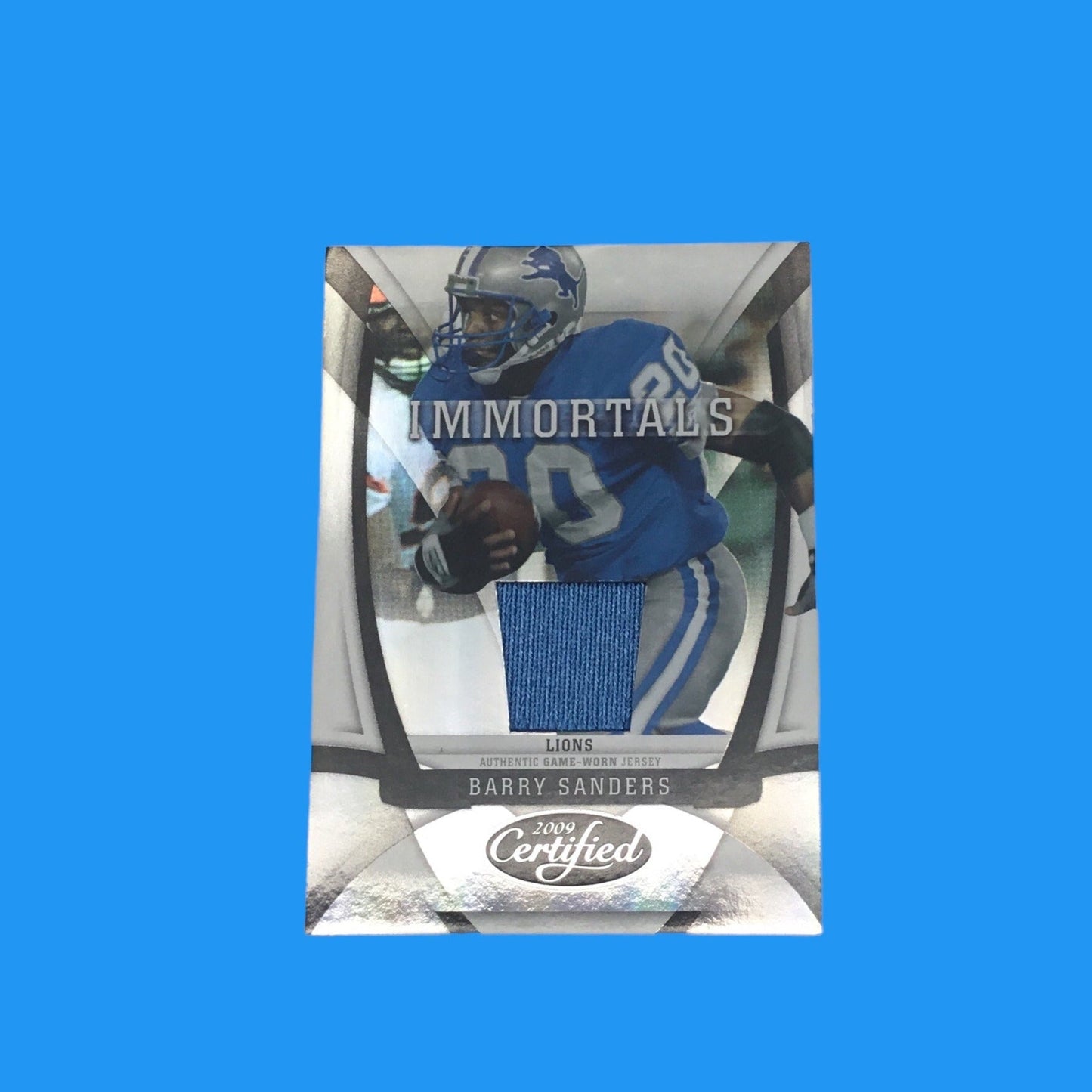 Barry Sanders Lions Autographed Mini Helmet Shadowbox w/ Game Worn Jersey Card #/250 and Figure